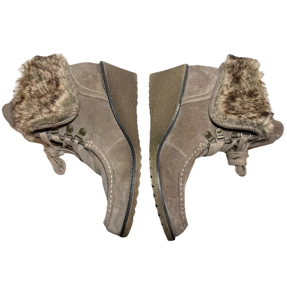 MARCO TOZZI Women's Leather Suede Tan Griege Wedge‎ Ankle Fur Boots US 11 EU 41